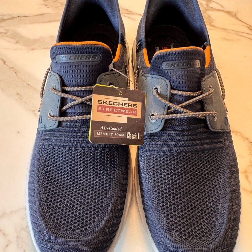 Skechers Navy Knit Sneakers with Orange Trim